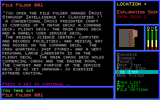 Stellar Explorer: The Drosi Encounter (DOS) screenshot: Information does not just come from talking to people. There are files in various locations that can be picked up and 'U'sed