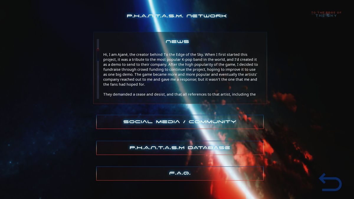 To the Edge of the Sky (Windows) screenshot: The NEWS section gives the background to the game. The SOCIAL MEDIA section has credits and links while the FAQ section opens a game like screen where a character answers preset questions