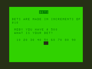 Blackjack (TRS-80 CoCo) screenshot: Placing Bets