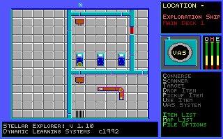 Stellar Explorer: The Drosi Encounter (DOS) screenshot: The game starts with a 'Loading.....' screen followed by the main game screen. The player is the brown dot on the left hand bed, roughly in the centre of the screen