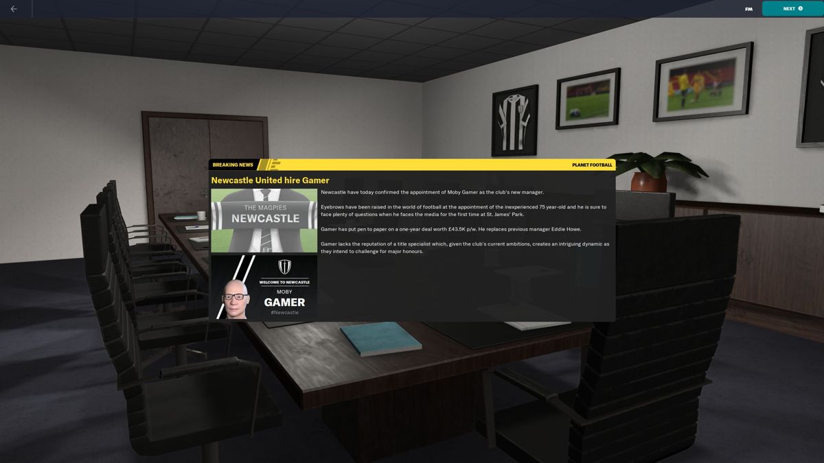 Football Manager 2023 (Windows) screenshot: So Newcastle have hired me. Not a glowing recommendation - perhaps I should have paid more attention to my personal stats and managerial qualification settings