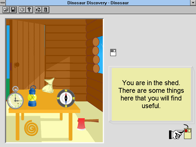 Dinosaur Discovery (Windows 3.x) screenshot: Starting out in the shed
