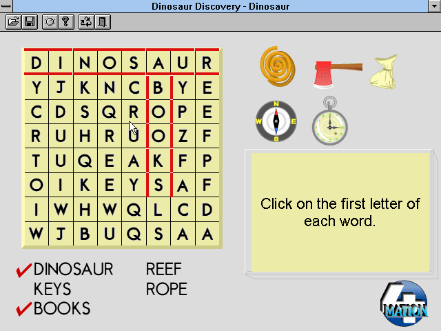Dinosaur Discovery (Windows 3.x) screenshot: To leave the shed, you must solve a word puzzle.