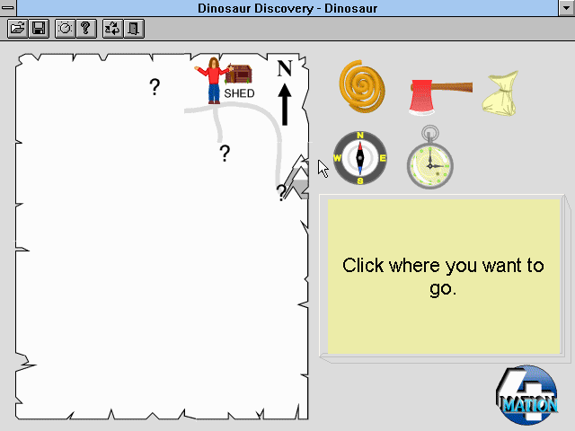 Dinosaur Discovery (Windows 3.x) screenshot: The initial view of the map.