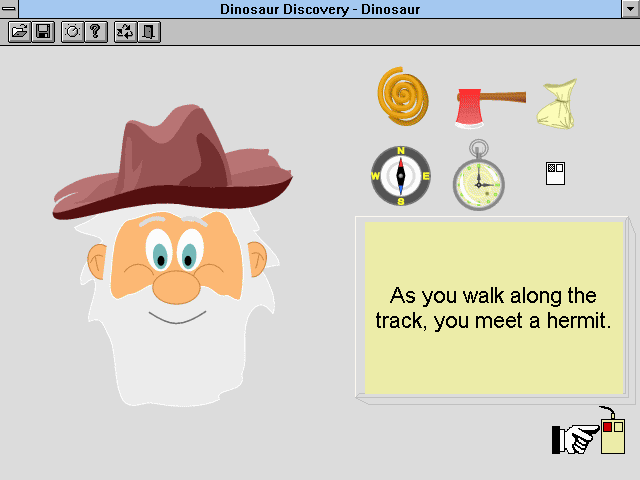 Dinosaur Discovery (Windows 3.x) screenshot: Meeting a hermit.