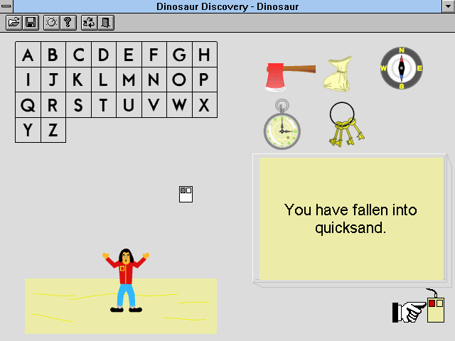 Dinosaur Discovery (Windows 3.x) screenshot: Falling into quicksand.