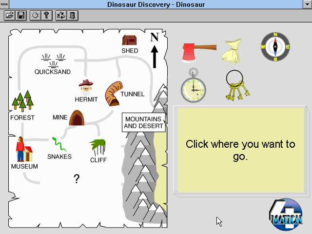 Dinosaur Discovery (Windows 3.x) screenshot: As you explore, more of the map is uncovered.
