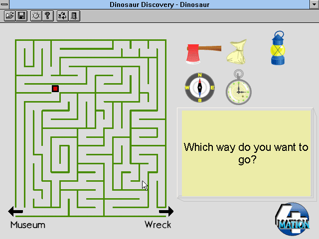 Dinosaur Discovery (Windows 3.x) screenshot: Navigating the swamp maze.