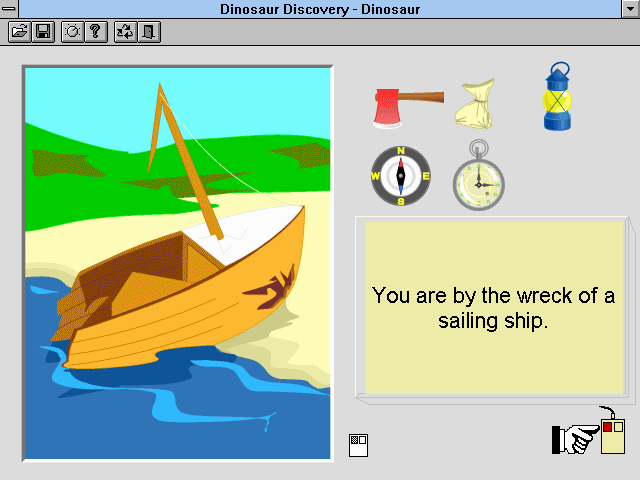 Dinosaur Discovery (Windows 3.x) screenshot: The explorer's wrecked boat.