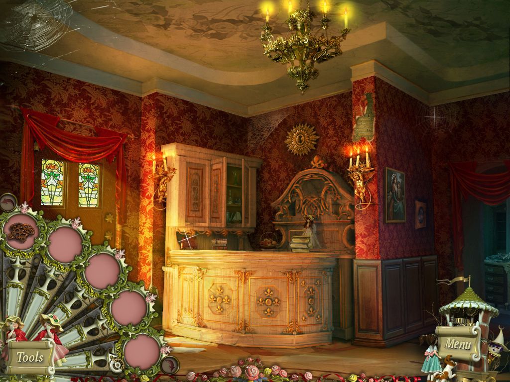 PuppetShow: Mystery of Joyville (Windows) screenshot: This is the hotel, the first location in the game. In the lower left is a TOOLS button which opens the game's inventory which is a bit different to most other games which tend to put it along the bottom of the screen