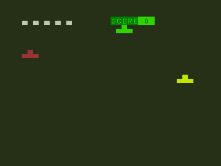 Destroy (TRS-80 CoCo) screenshot: Incoming Tanks, 5 Bombs Available