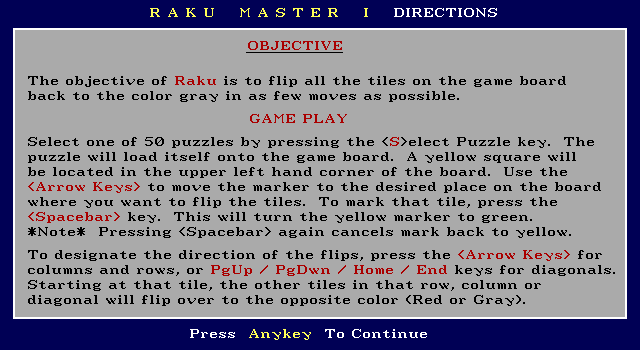 Raku Master (DOS) screenshot: Instructions