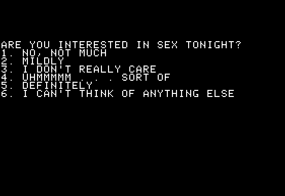 Interlude (Apple II) screenshot: The game uses multiple choice questions.