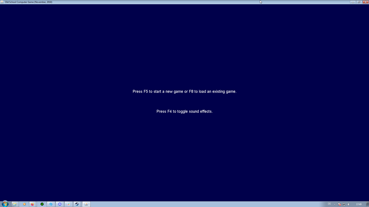 Old School Computer Game (Windows) screenshot: The startup screen asks you to either start a new game or open an old save