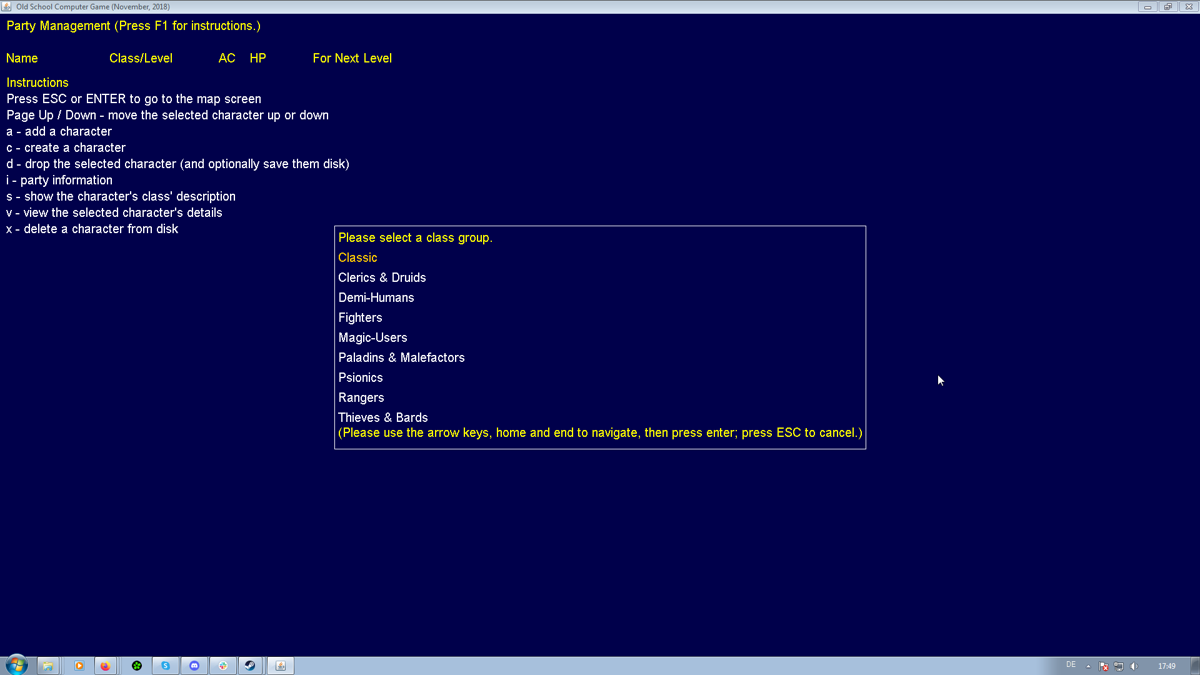 Old School Computer Game (Windows) screenshot: The party management and character creation screen upon starting a new game.