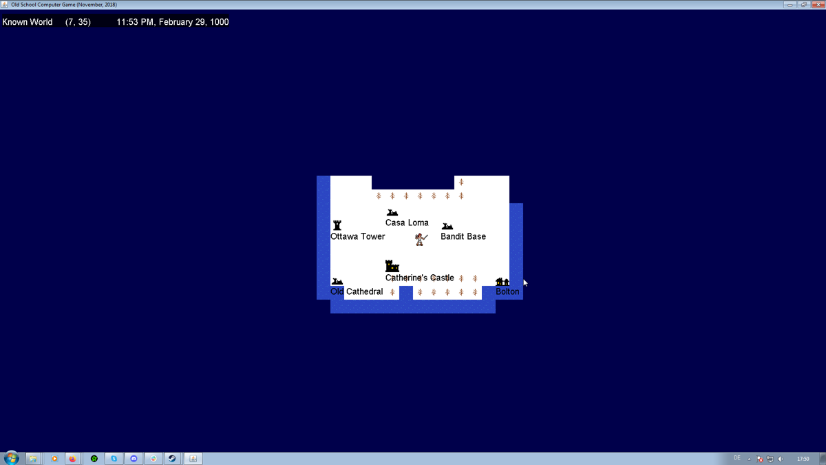 Old School Computer Game (Windows) screenshot: Exploring the overworld. It's white because it's winter and there's snow.