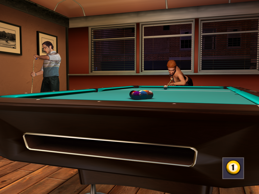 Pool:shark 2 (Windows) screenshot: After aiming, the camera changes to show the balls being hit