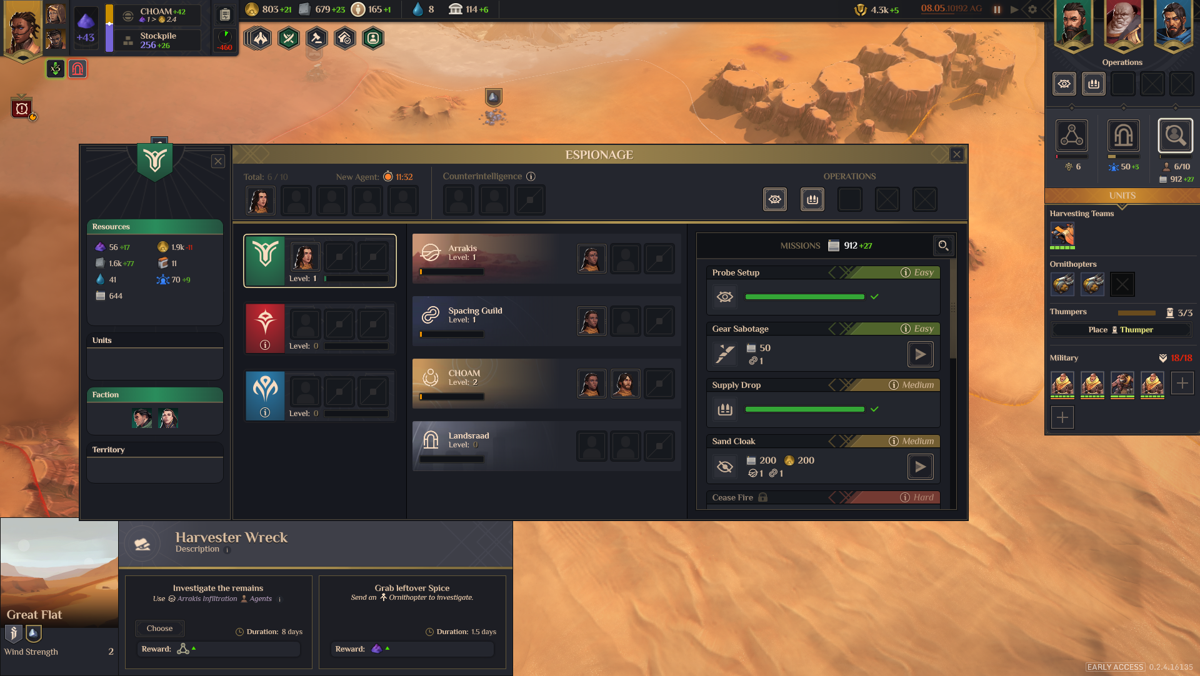 Dune: Spice Wars (Windows) screenshot: [Early Access] Espionage menu, from which players can spy on each other, elements of Arrakis and the Imperium, and conduct counterintelligence