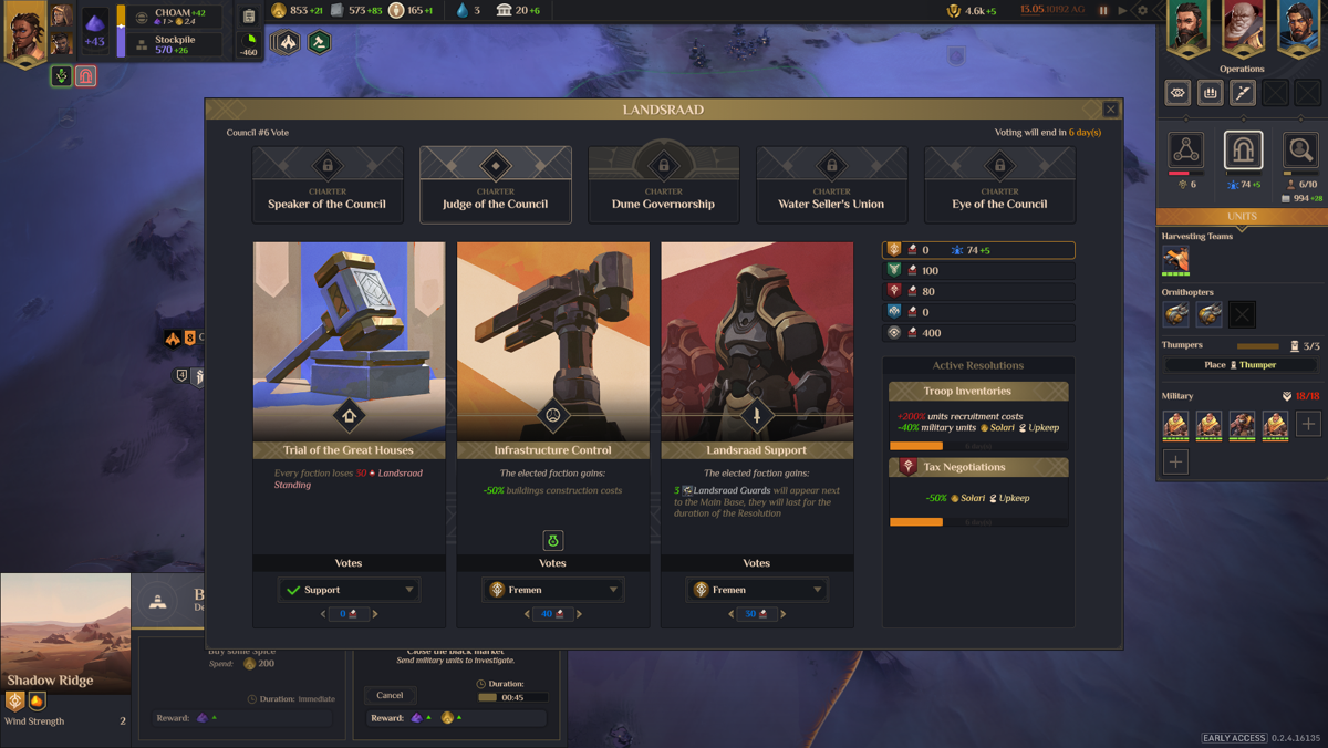 Dune: Spice Wars (Windows) screenshot: [Early Access] Voting for resolutions in the Landsraad Council