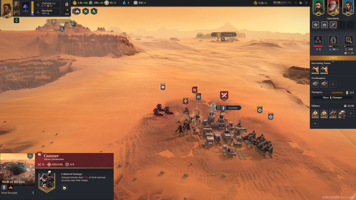 Dune: Spice Wars (Windows) screenshot: [Early Access] Harkonnen army attempting to conquer a village