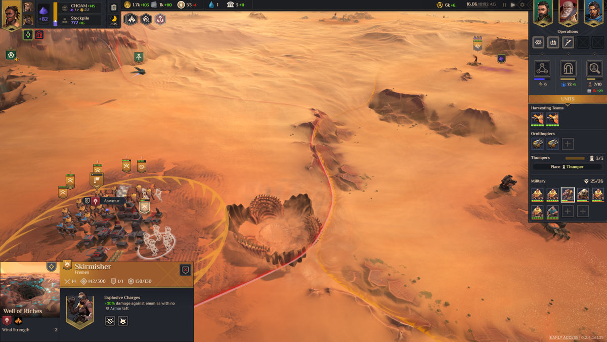 Dune: Spice Wars (Windows) screenshot: [Early Access] Sandworms can devour units and harvesters in lowlands
