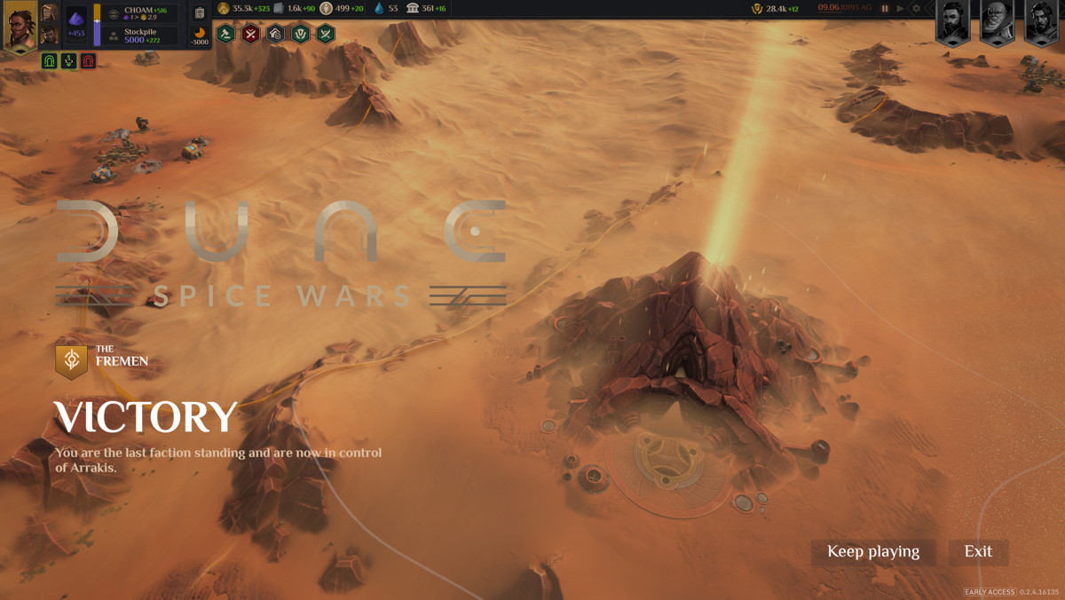 Dune: Spice Wars (Windows) screenshot: [Early Access] Victory screen