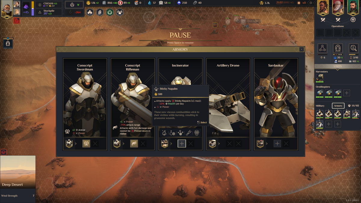 Dune: Spice Wars (Windows) screenshot: [Full release] Unit upgrades available in the Armory