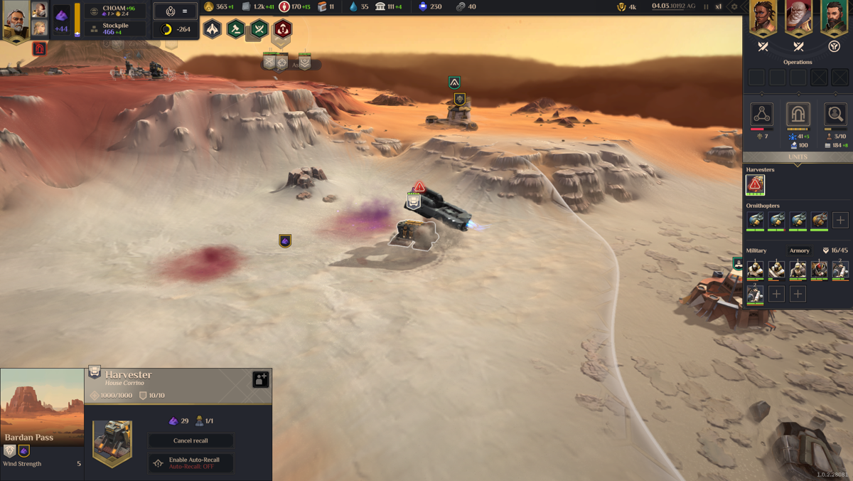 Dune: Spice Wars (Windows) screenshot: [Full release] A wormsign shows that a harvester is in need of an urgent relocation