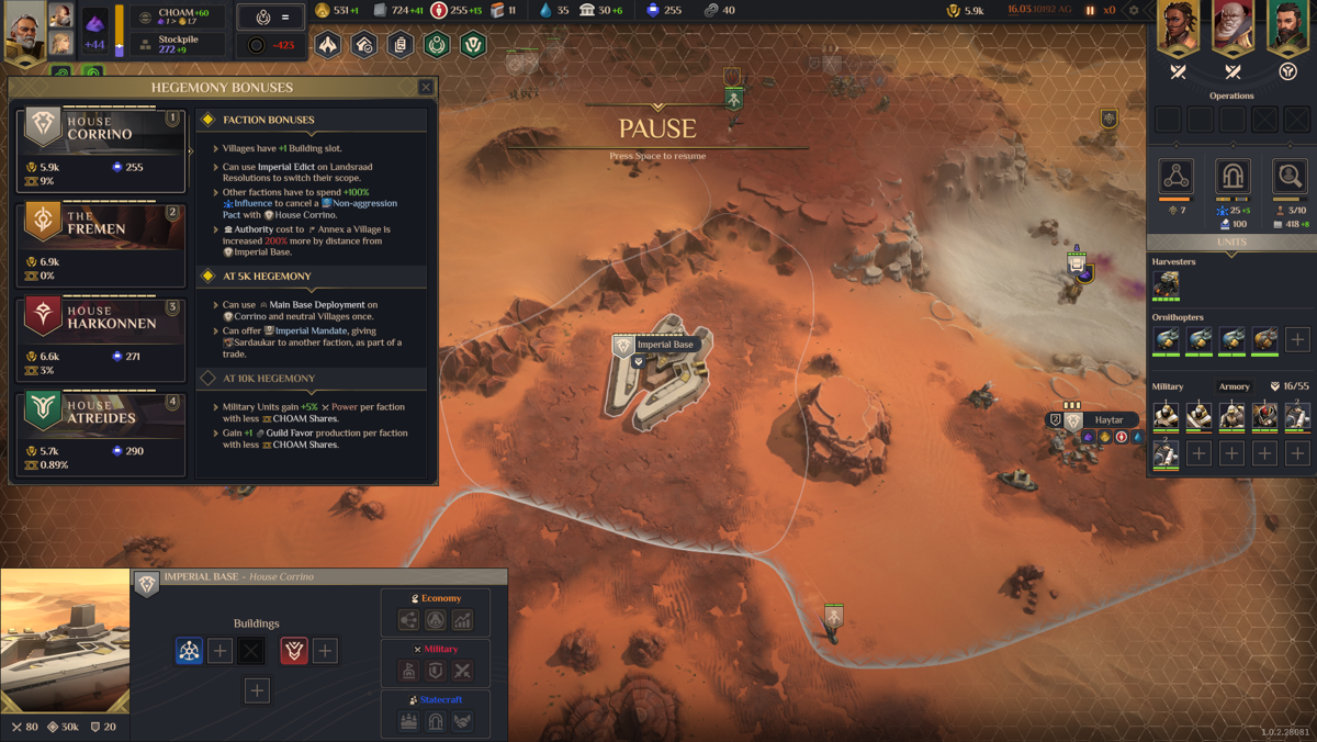Dune: Spice Wars (Windows) screenshot: [Full release] Each faction has different bonuses when reaching Hegemony point milestones