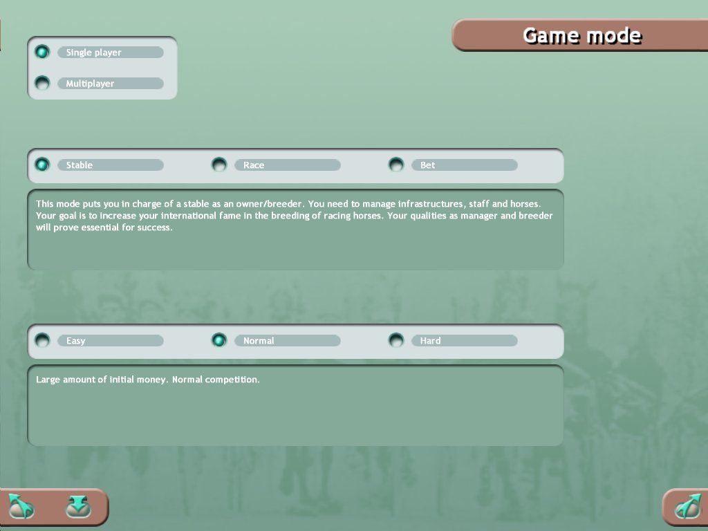Final Stretch: Horse Racing Sim (Windows) screenshot: Game Mode Menu.