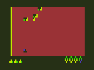 Pennypede (TRS-80 CoCo) screenshot: Shooting up Centipedes