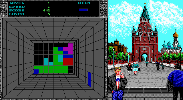 Welltris (DOS) screenshot: At Speed 1