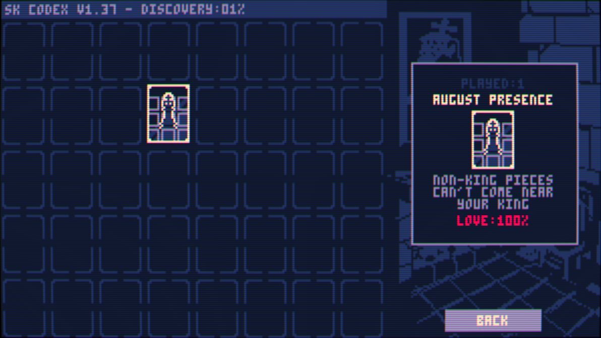 Shotgun King: The Final Checkmate (Windows) screenshot: The game's codex. These are power up cards and they appear in later screenshots. At the start of the game the black king has only one card