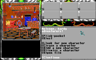 Legend of Faerghail (DOS) screenshot: The Inn, where you can create, load, and save characters