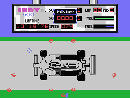 Indy 500 (MSX) screenshot: To change tires move the blue cross on the screen to one of the men who are standing near the tires. Then press the fire button or the space bar. The refueling occurs automatically, though.