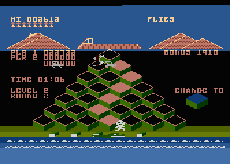 Pharaoh's Pyramid (Atari 8-bit) screenshot: Almost eaten by a crocodile.