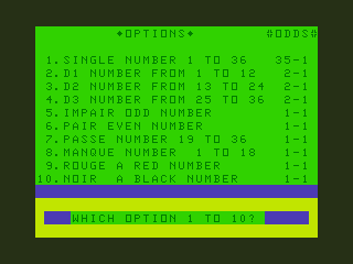 Craps & Roulette (Dragon 32/64) screenshot: Roulette: Placing a Bet