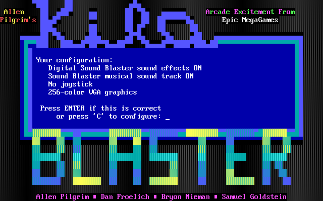 Kiloblaster 1 (DOS) screenshot: Starting the shareware version for the first time and the game checks out the system's configuration.