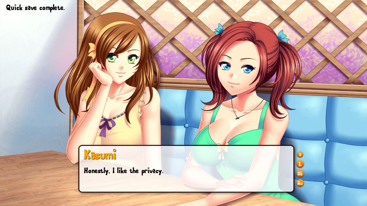 Summer Fling (Windows) screenshot: There are buttons to the right of the text box. 'S' triggers the Quick Save, 'L' reloads the game