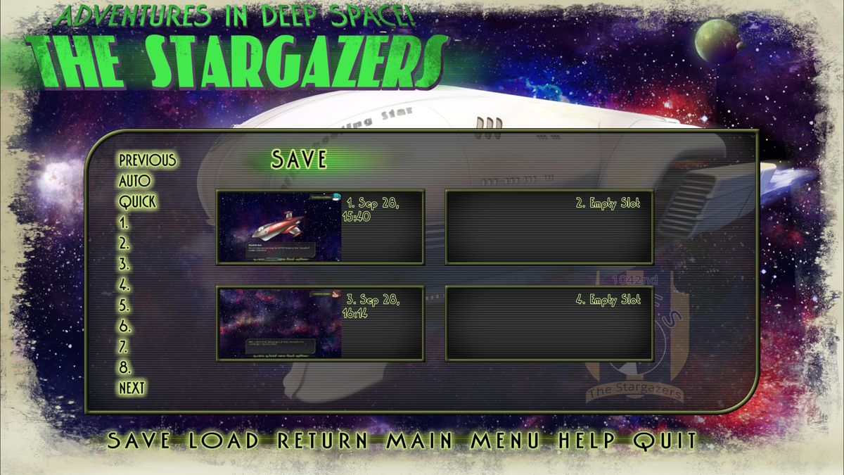 Adventures in Deep Space! The Stargazers (Windows) screenshot: The game has both a Save Slot option and a Quick Save option
