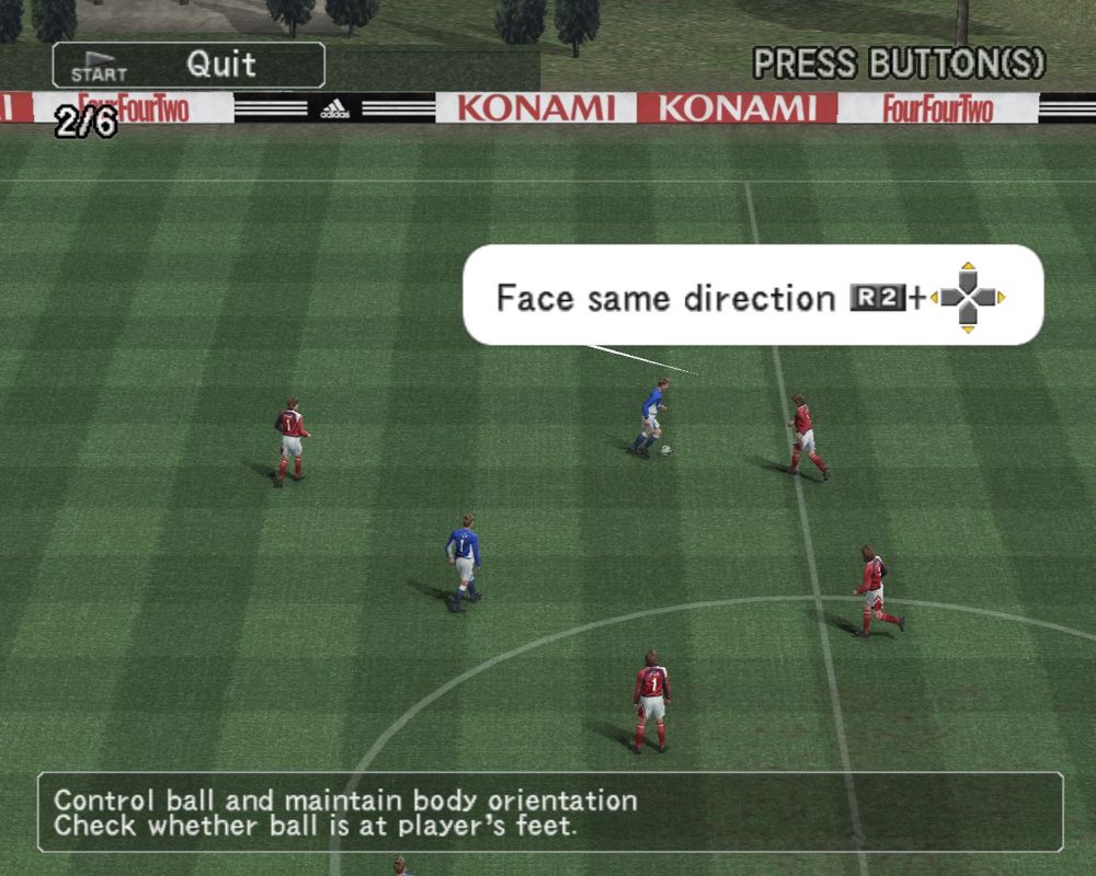 World Soccer: Winning Eleven 8 International (Windows) screenshot: A scene from one of the training sessions. The game has paused and will not proceed until the correct keys are pressed.