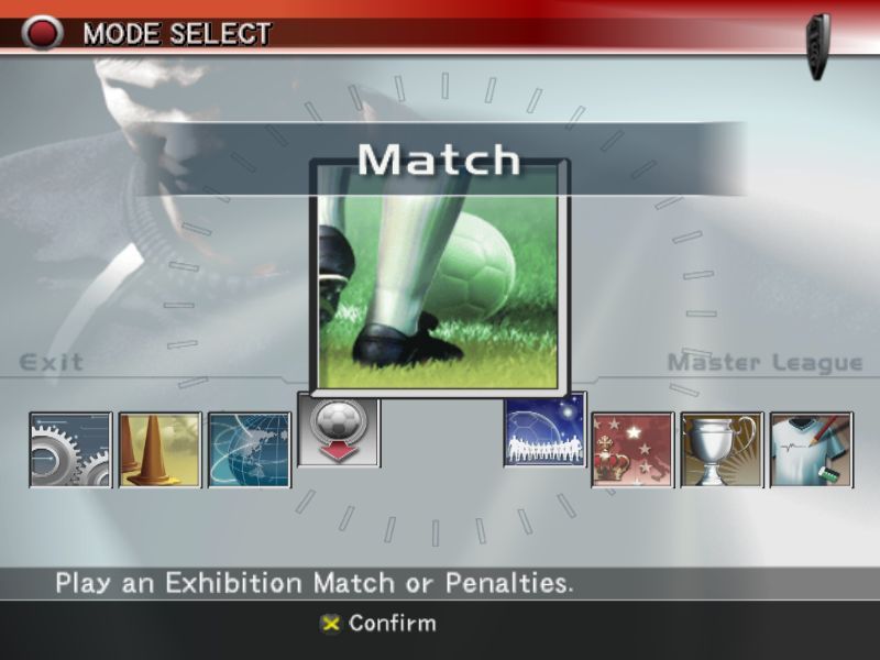 World Soccer: Winning Eleven 8 International (Windows) screenshot: The game's main menu is a side scrolling affair<br>The options are:<br>Play a quick match<br>Master League<br>League<br>Cup<br>Edit<br>Settings<br>Training<br>Network game and<br>Exit to Windows
