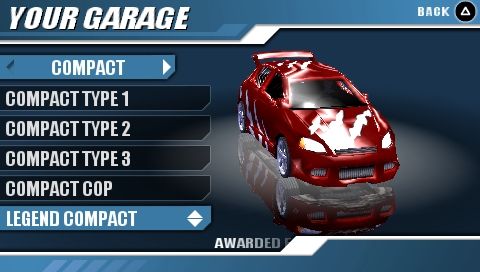 Burnout: Legends (PSP) screenshot: Garage screen