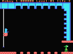 Roboy (MSX) screenshot: Start. Destroy all the blocks falling from the ceiling before they manage to cover the holes in the floor and thus create a path for the dragon to walk up to Roboy and smash him.