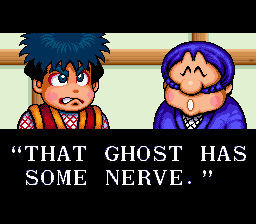 The Legend of the Mystical Ninja (SNES) screenshot: Intro - Kid Ying and Dr. Yang about to take care of the ghost woman