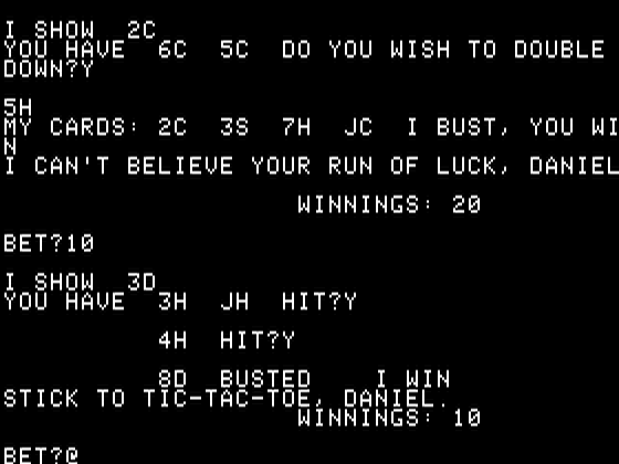 Screenshot of Blackjack (Apple I, 1976) - MobyGames