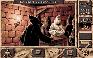 Black Sect (Amiga) screenshot: The sect has gathered and it looks they are not friendly towards their leader.