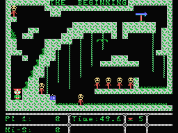 Time Bomb (MSX) screenshot: Start. The player needs to defuse each of the bombs that can be found on each screen in a limited time. (50 seconds per bomb) Watch out for the skeletons and birds.