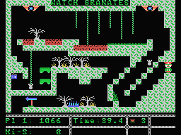 Time Bomb (MSX) screenshot: Look out for the projectiles (granates) and the lava pools.