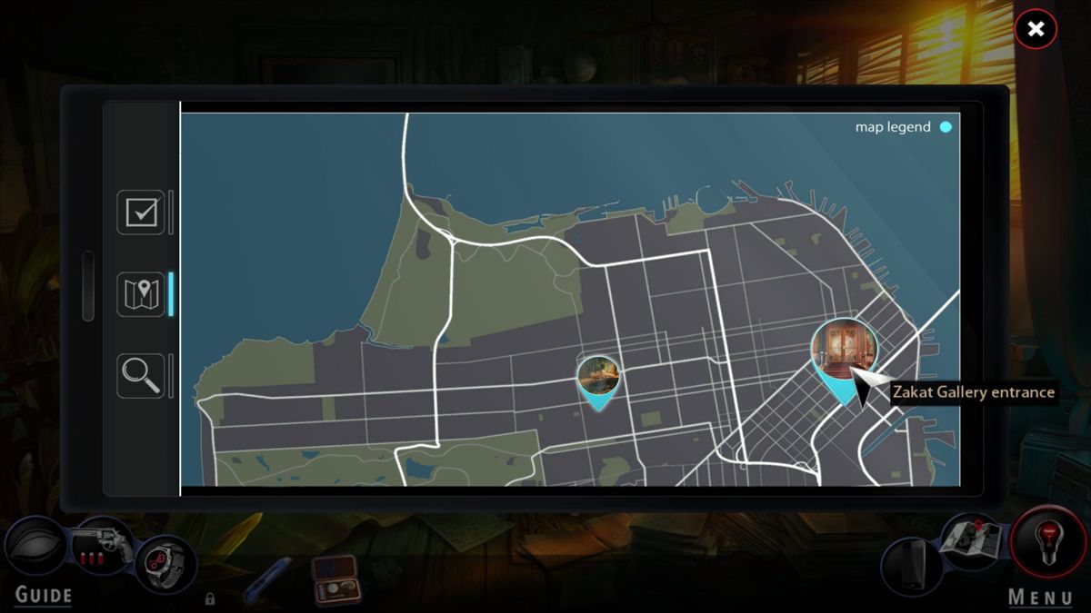 Adam Wolfe (Windows) screenshot: There is an in-game map and it can be used to fast travel to locations
